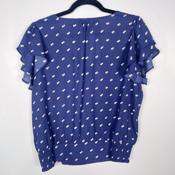 Ann Taylor Large L Blue Polka Dot Flutter Sleeve V Neck Blouse Top Cinch Hem - Picture 2 of 8